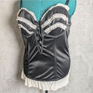 Vintage Black Satin Corset Top Ruffle Lace Bow 40DD Fredericks of Hollywood